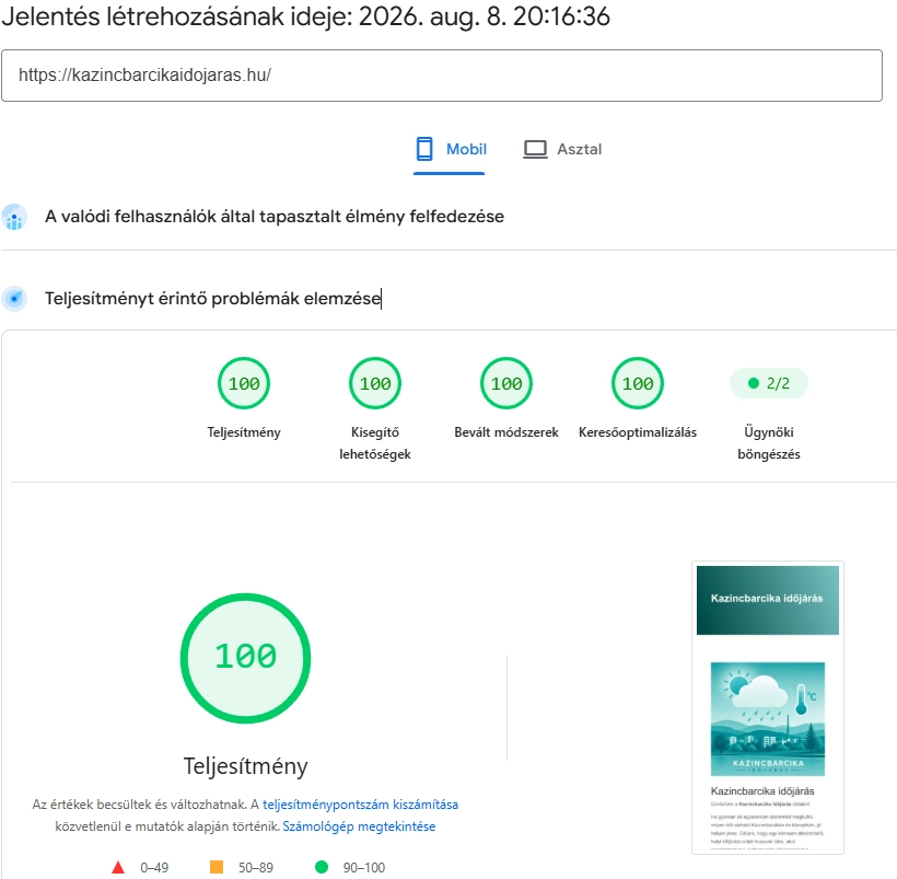 Google PageSpeed Insights – 100 pontos mobil referenciaeredmény